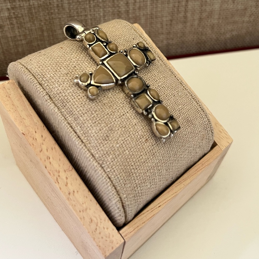 Silver and Tan Cross Pendant 925 Sterling Silver - Picture 2 of 6